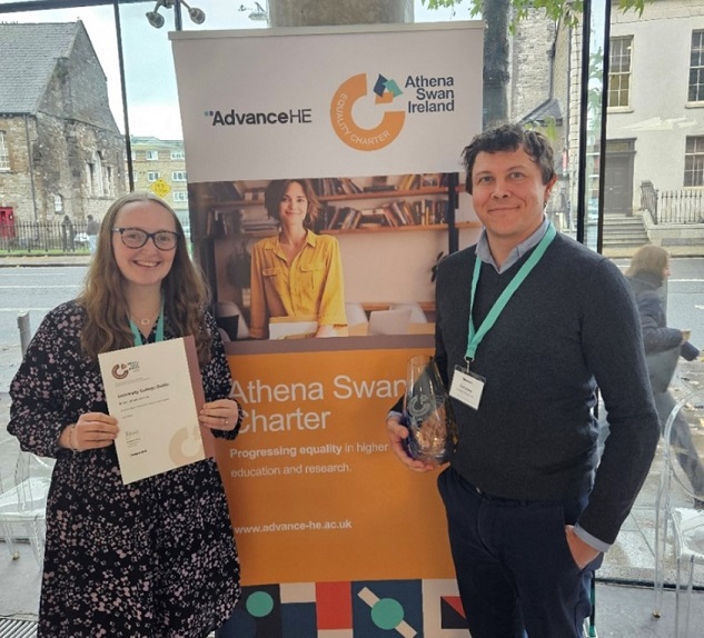 Claire Harnett and Sam Keely accepting the Athena Swan Bronze Award for UCD School of Earth Sciences